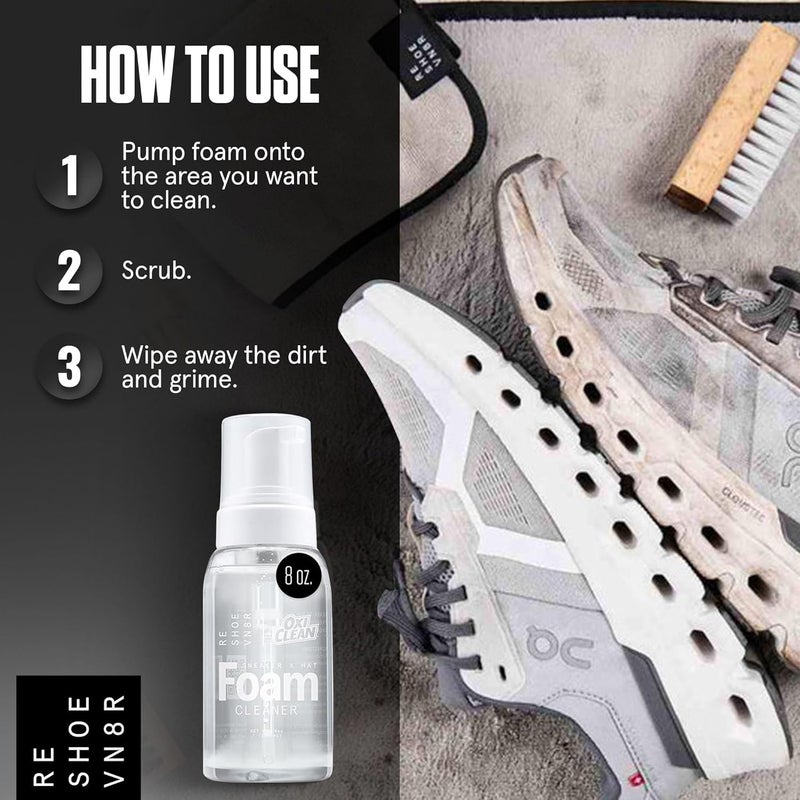 RESHOEVN8R OxiClean Foam Shoe Cleaner & Hat Cleaner, 8oz - Easy-to-Use All-Purpose Sneaker Cleaner for Canvas, Leather, Mesh, Suede, White & Nubuck Shoes - Shoe Cleaning Kit Solution for Stain & Dirt - Image 5